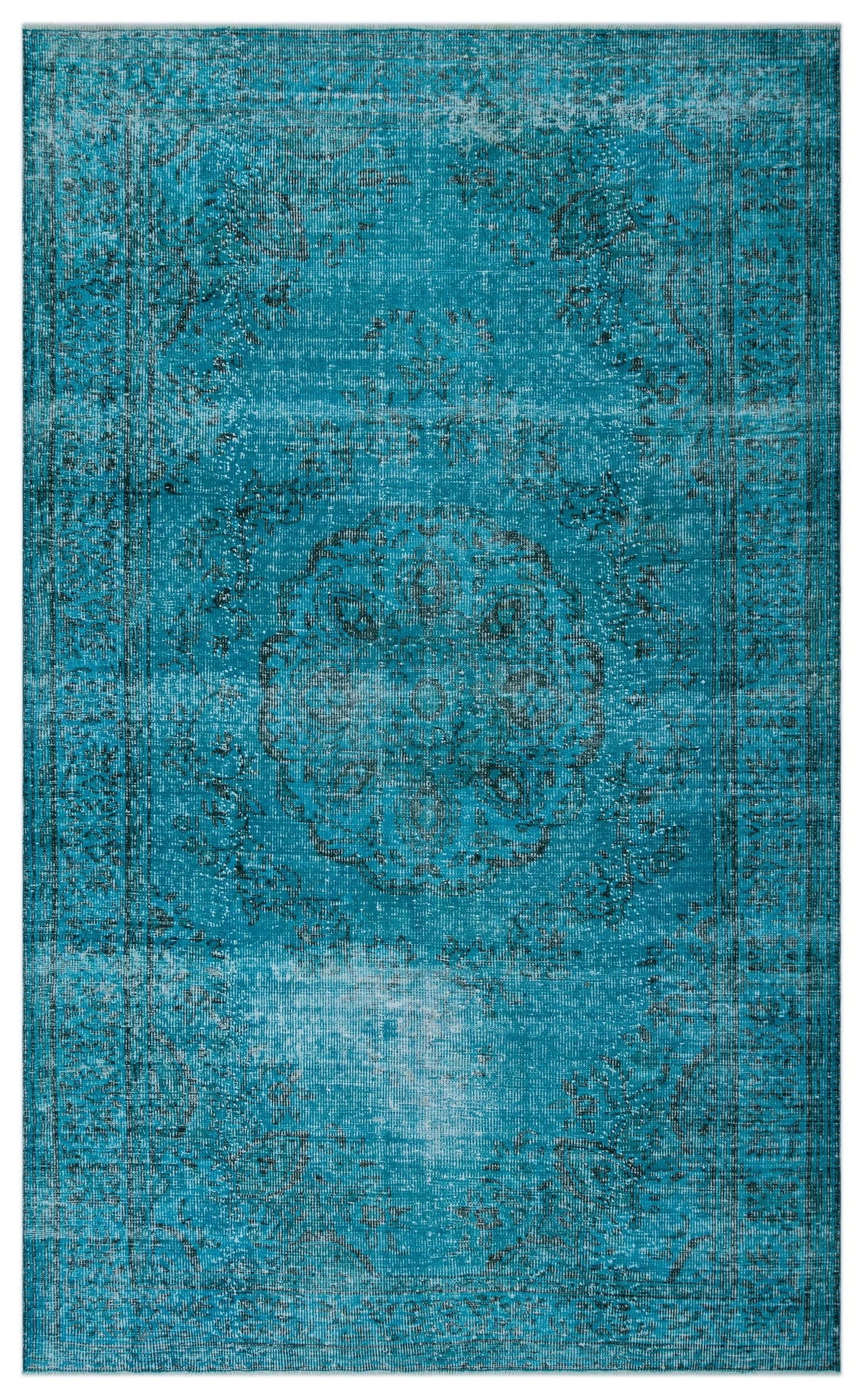 Teal distressed rug with a central medallion and traditional border pattern.