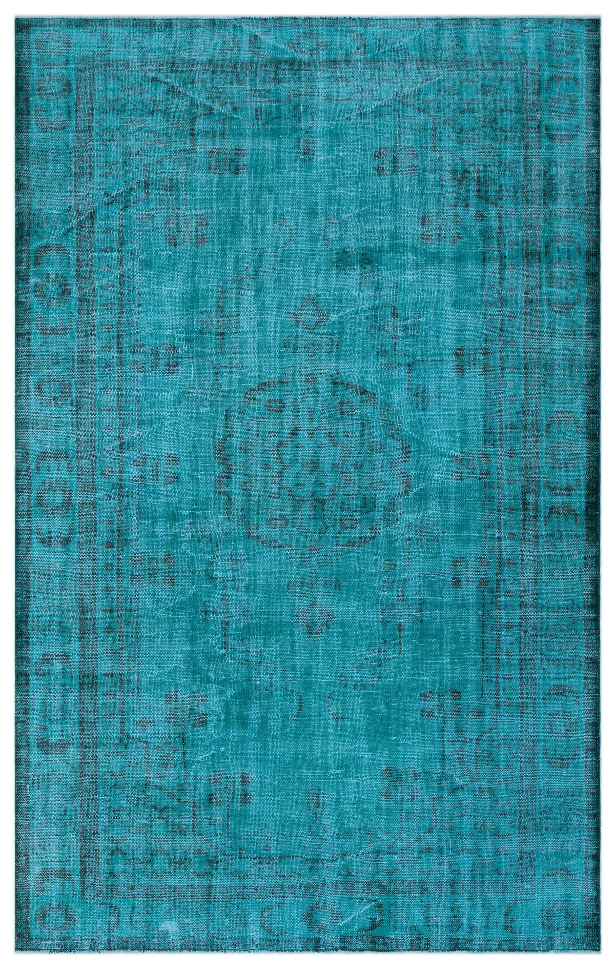 Teal distressed rug with a faded traditional medallion pattern and a dark border on a white background.