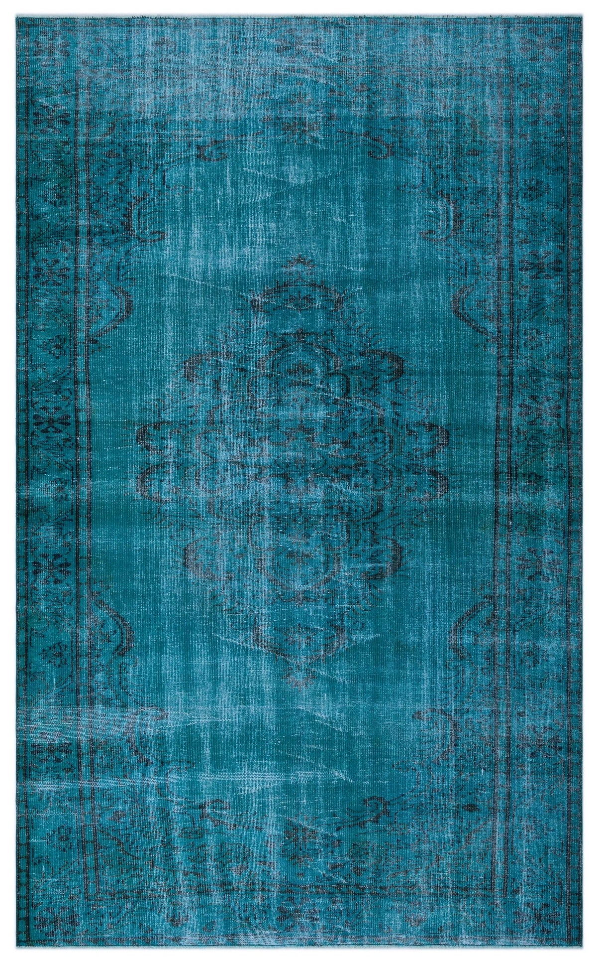 Teal and black distressed area rug with a central medallion and traditional border pattern.