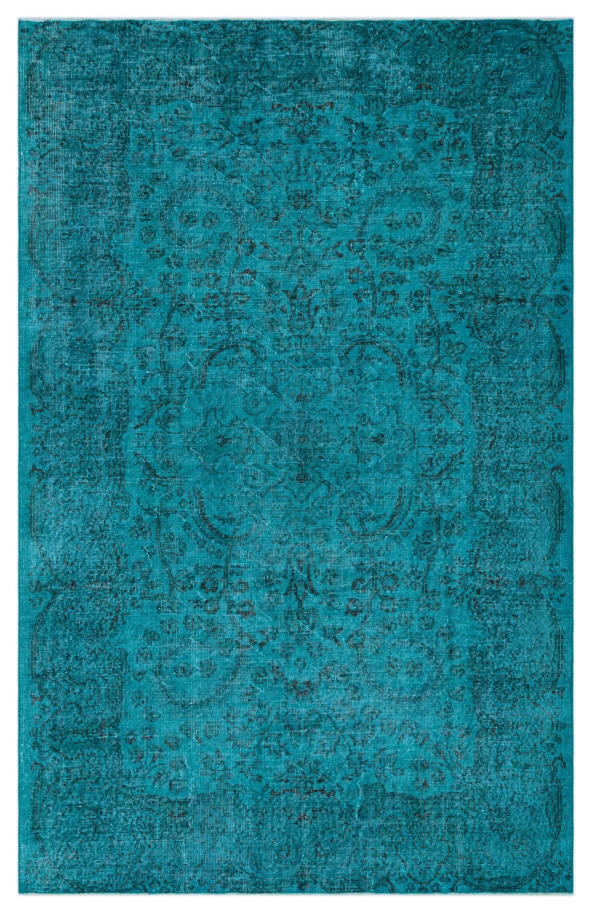 Teal distressed rug with a dark charcoal traditional floral medallion pattern on a white background.