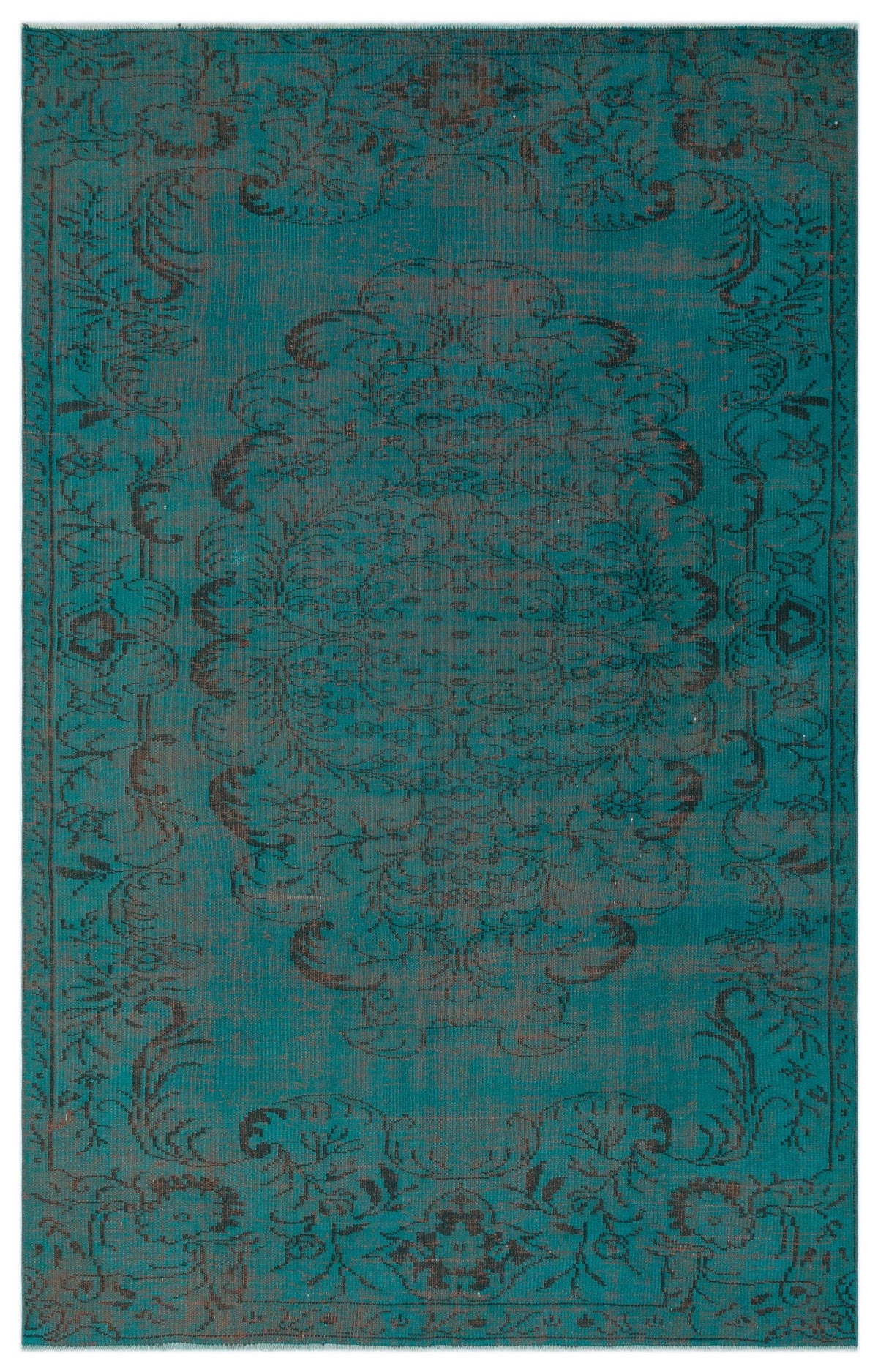 Teal and charcoal distressed rug with a traditional central medallion and ornate floral border.