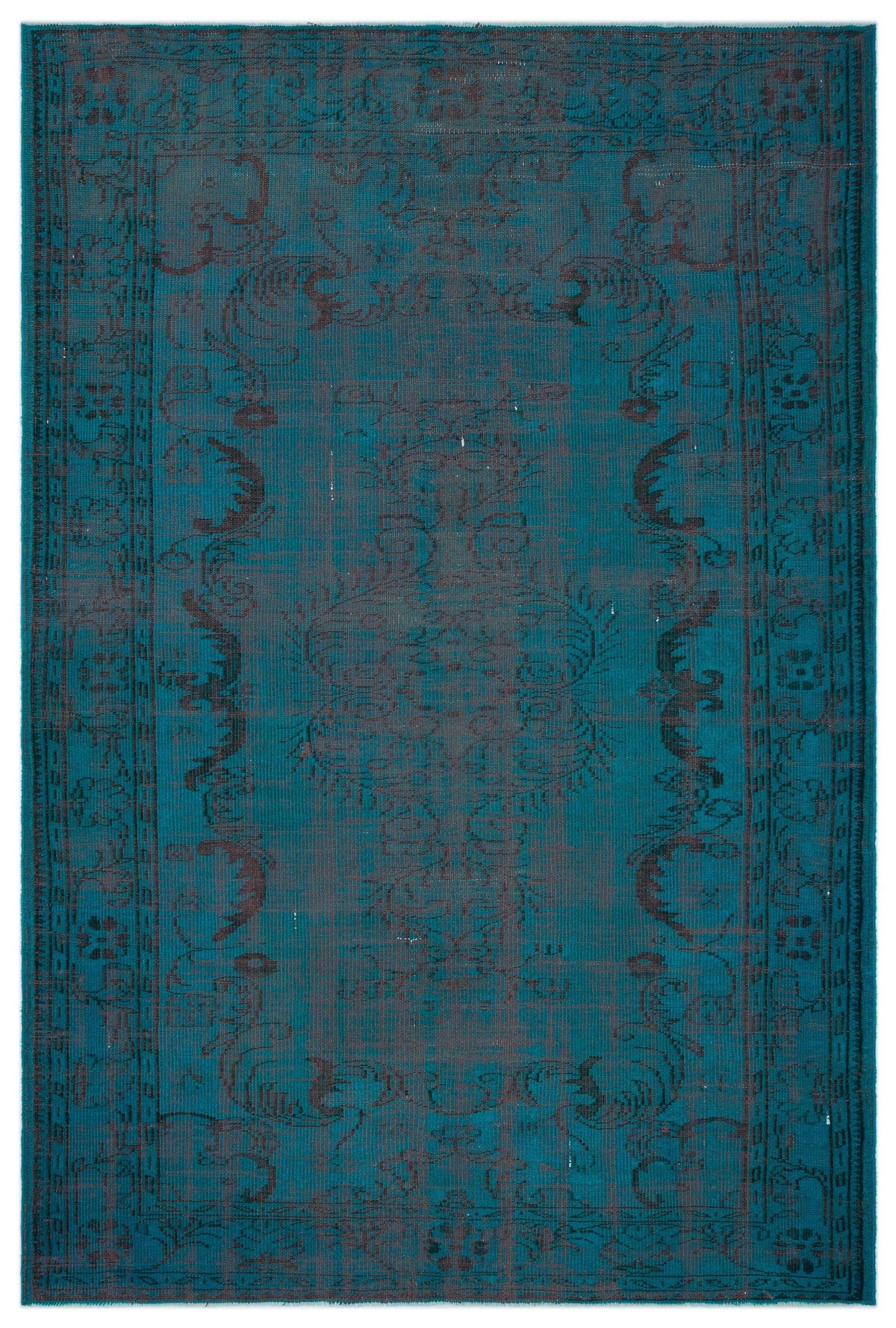 Teal and dark charcoal distressed rug with a traditional ornate medallion and border pattern on a white background.