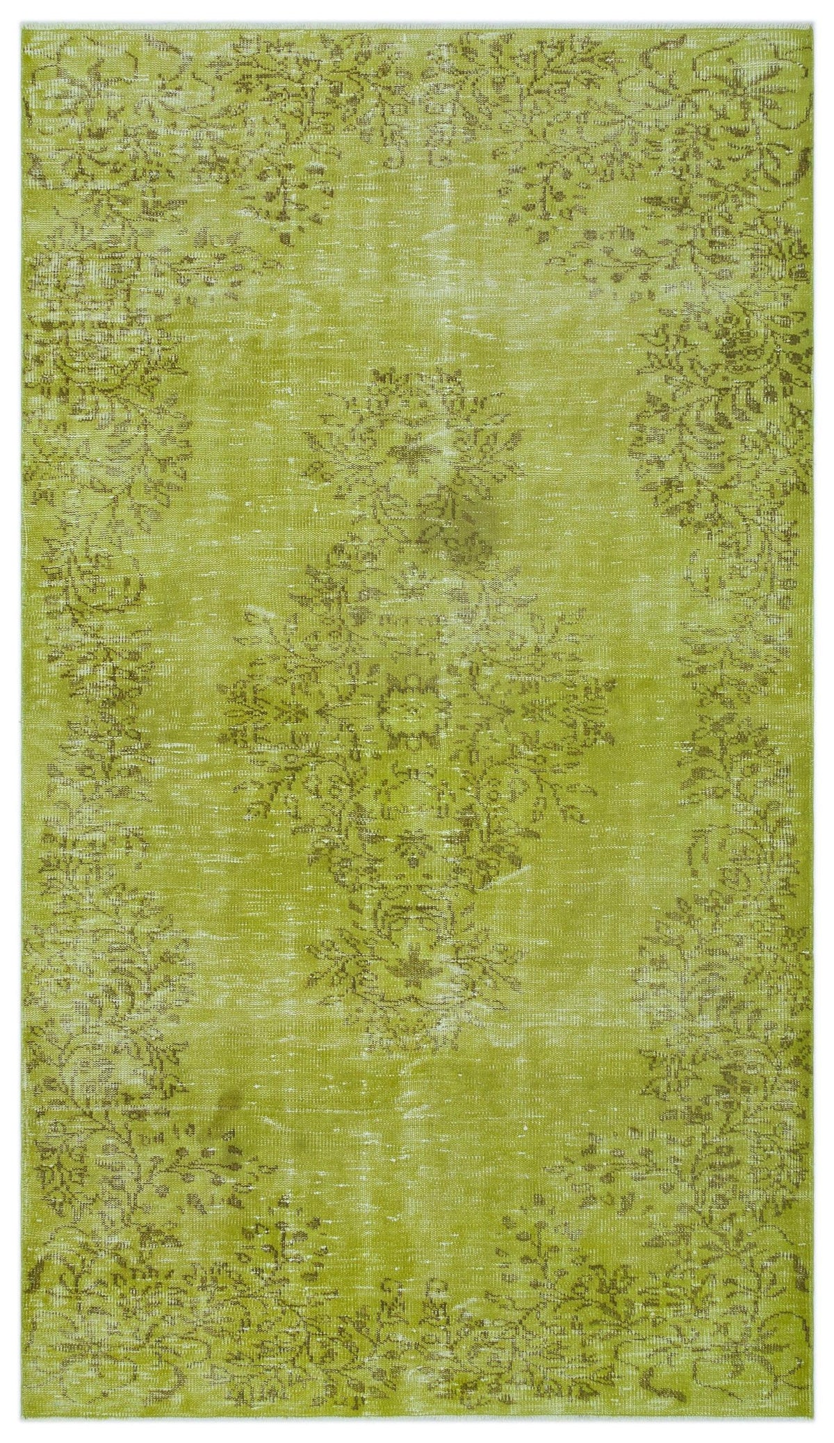 Chartreuse distressed rug with a faded brown floral medallion and border pattern on a white background.
