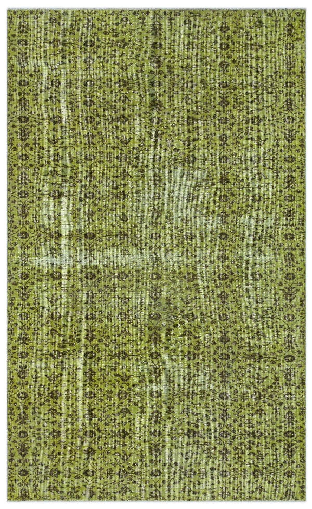 Olive green and brown distressed rug with an all-over traditional floral pattern.