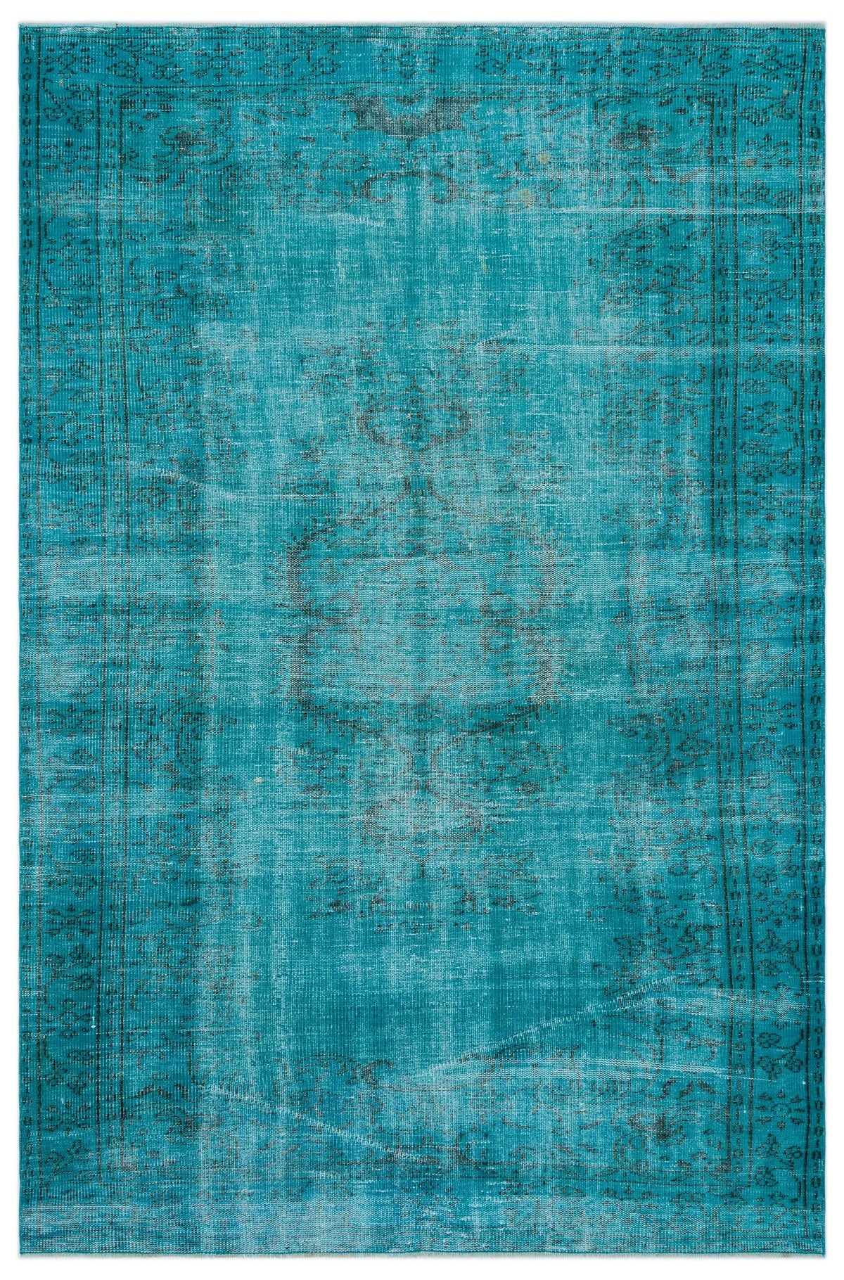 Teal distressed area rug with a faded traditional medallion pattern and a dark border on a white background.
