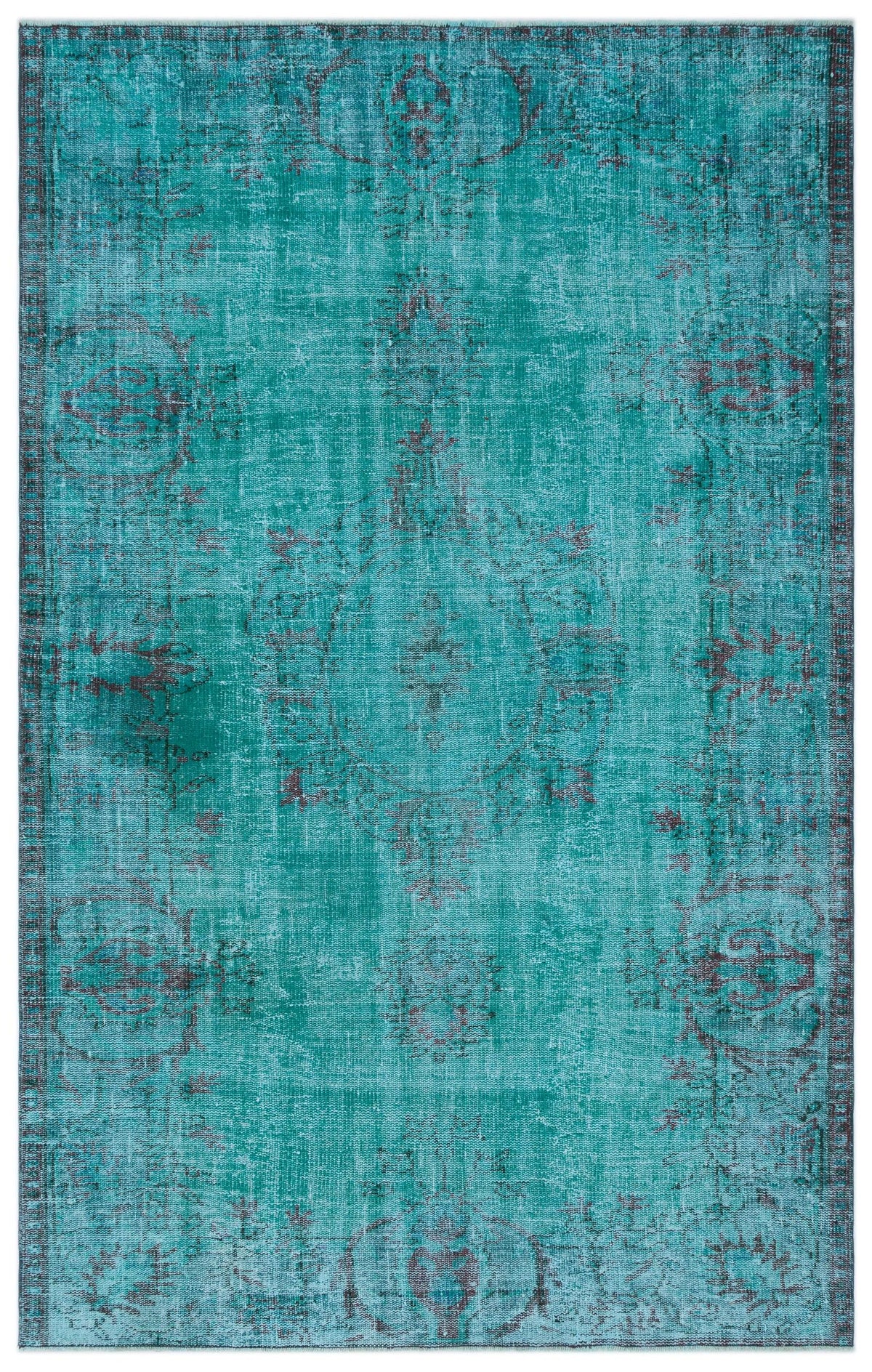 Teal distressed area rug with a faded charcoal grey traditional medallion pattern.