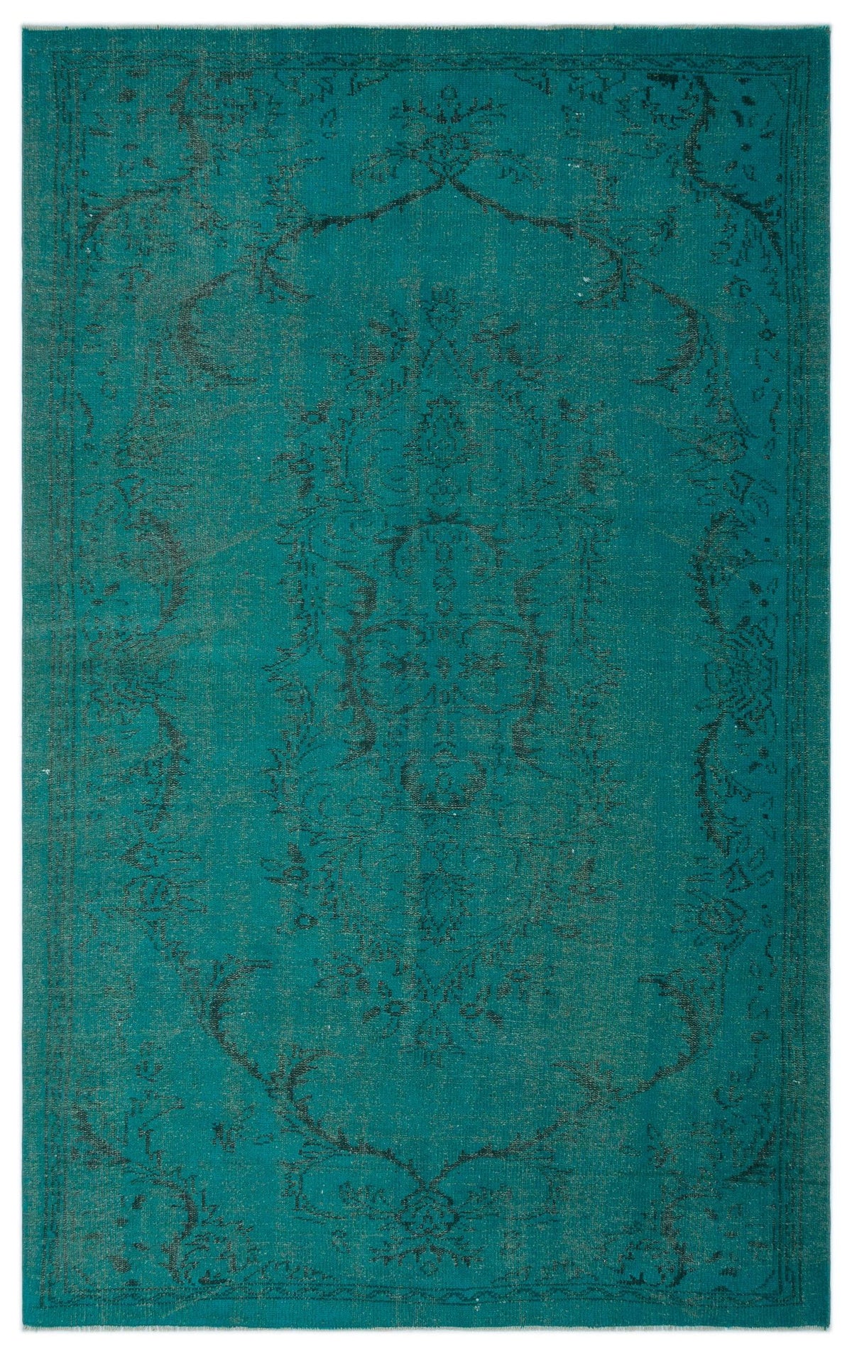 Teal rug with a distressed black traditional medallion pattern and ornate border.