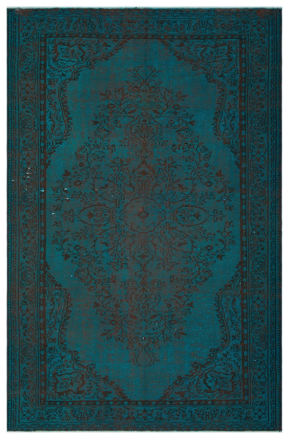 Teal and dark brown traditional rug with a central floral medallion and ornate border pattern.