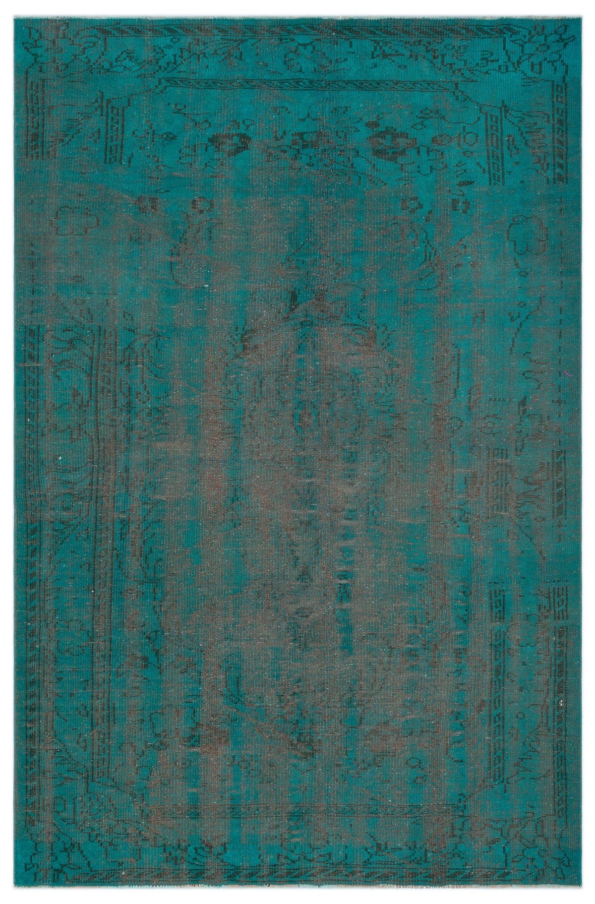 Teal and charcoal distressed traditional rug with a faded central medallion and ornate border pattern.