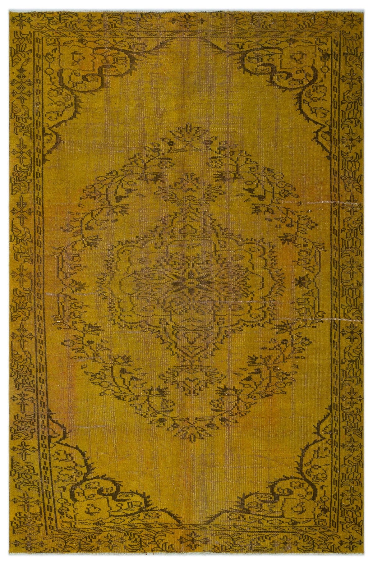 Mustard yellow vintage-style rug with a dark brown central floral medallion and ornate border pattern.