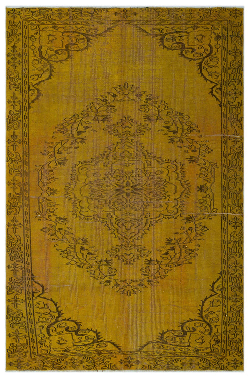 Load image 1 in gallery view. Mustard yellow vintage-style rug with a dark brown central floral medallion and ornate border pattern.
