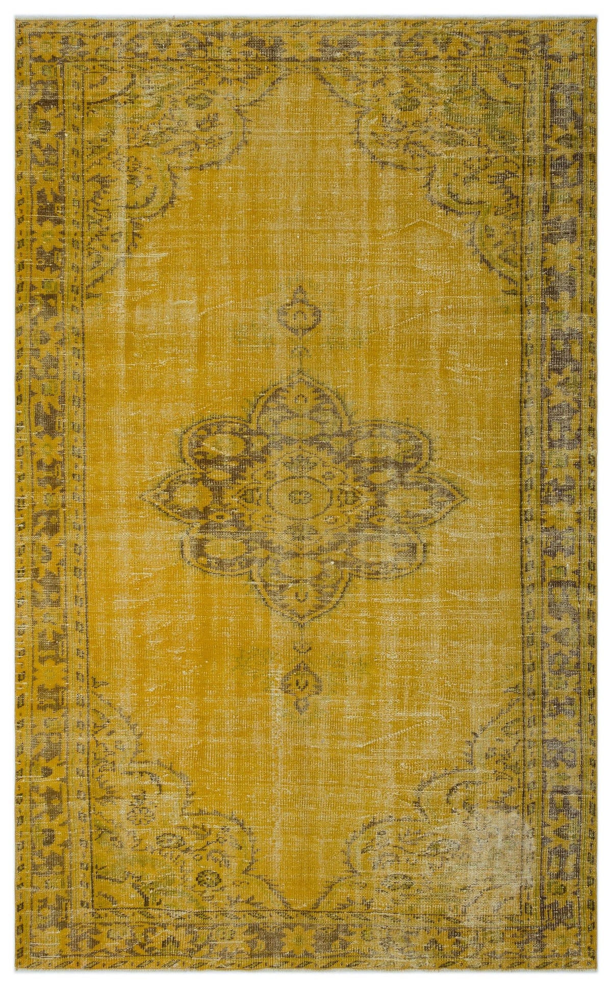 Mustard yellow distressed rug with a faded grey central medallion and ornate border pattern.