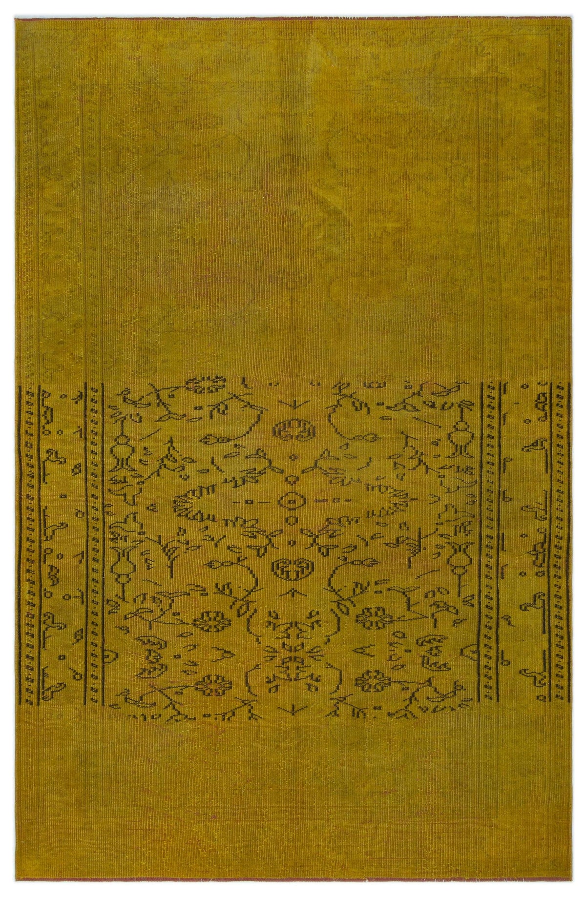 Mustard yellow rug with a dark brown linear floral and geometric pattern on a white background.