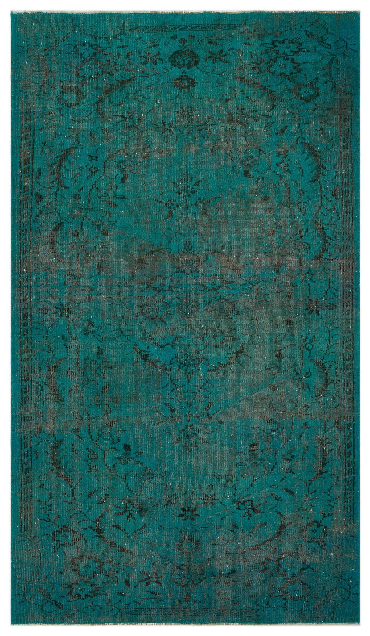 Teal and charcoal distressed rug with a traditional floral medallion pattern and a decorative border.