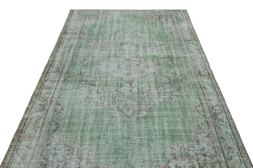 Load image 1 in gallery view. Sage green distressed area rug with a faded central medallion and traditional border pattern on a white background.
