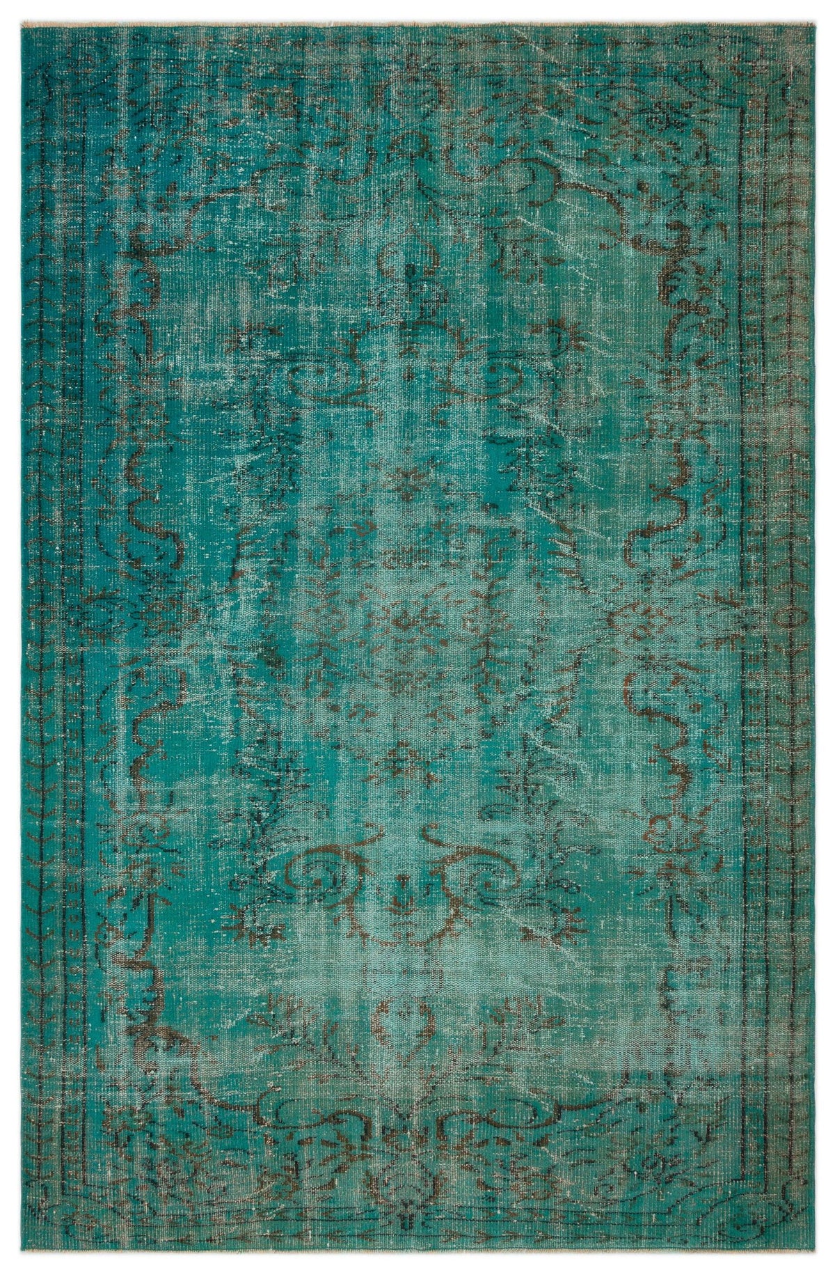 Teal and dark brown distressed rug with a faded traditional medallion pattern on a white background.