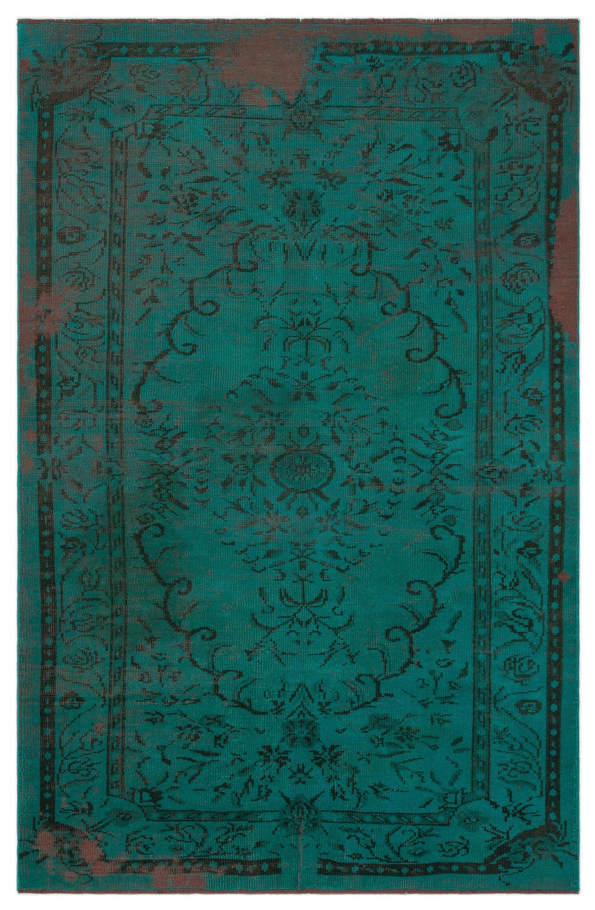 Teal and dark brown distressed rug with a traditional central medallion and ornate border pattern.