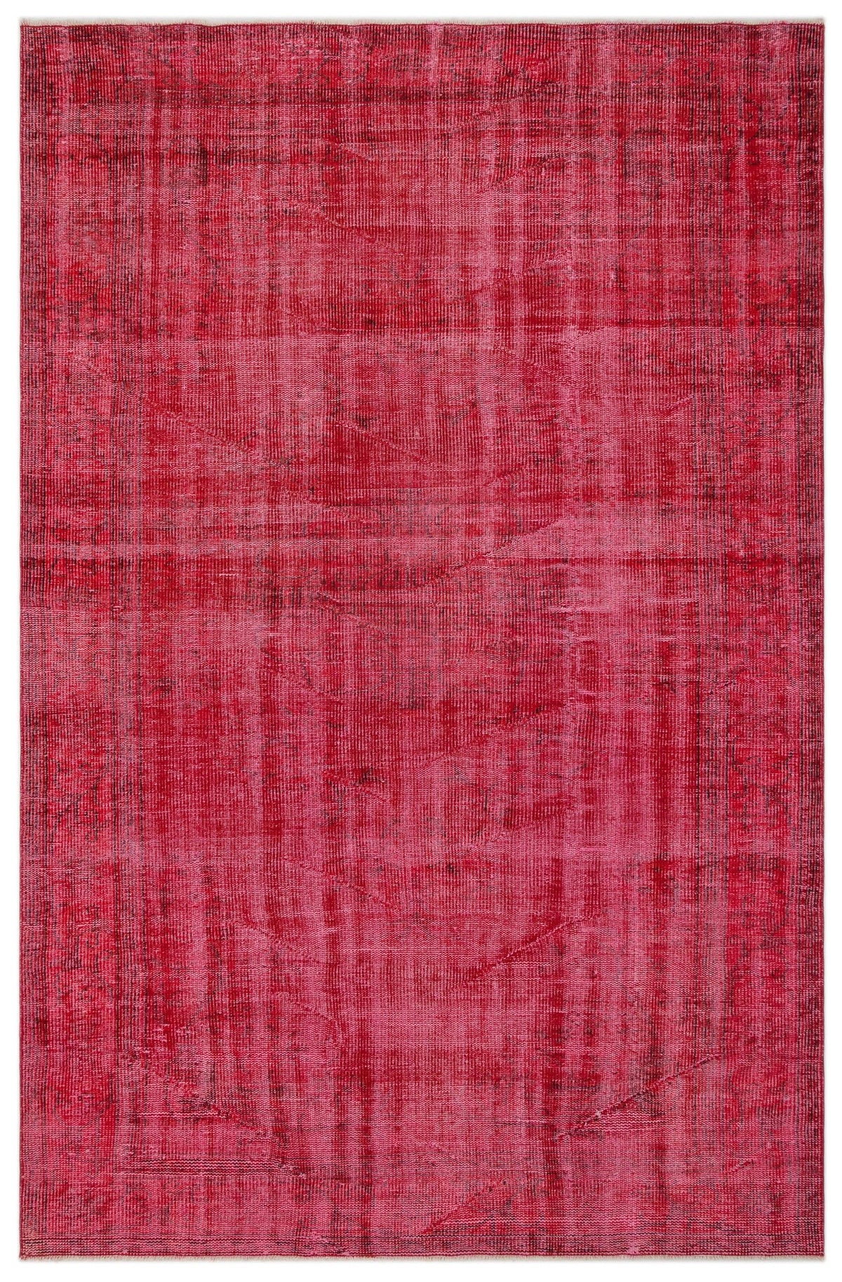 Solid red and magenta distressed overdyed rug with a subtle, faded traditional medallion pattern.