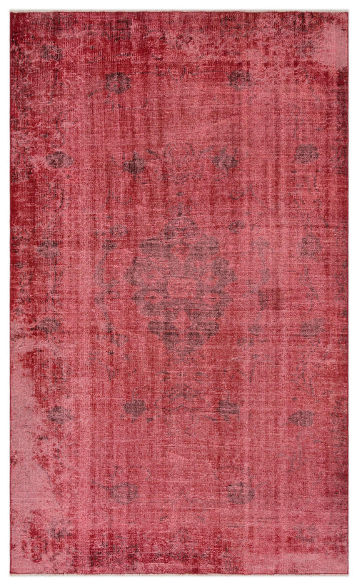 Load image 1 in gallery view. Distressed red rug with a faded central medallion and dark charcoal accents.