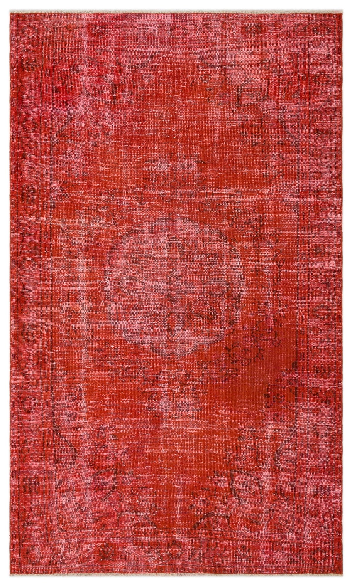 Distressed red vintage-style rug with a central medallion and faded traditional border pattern.