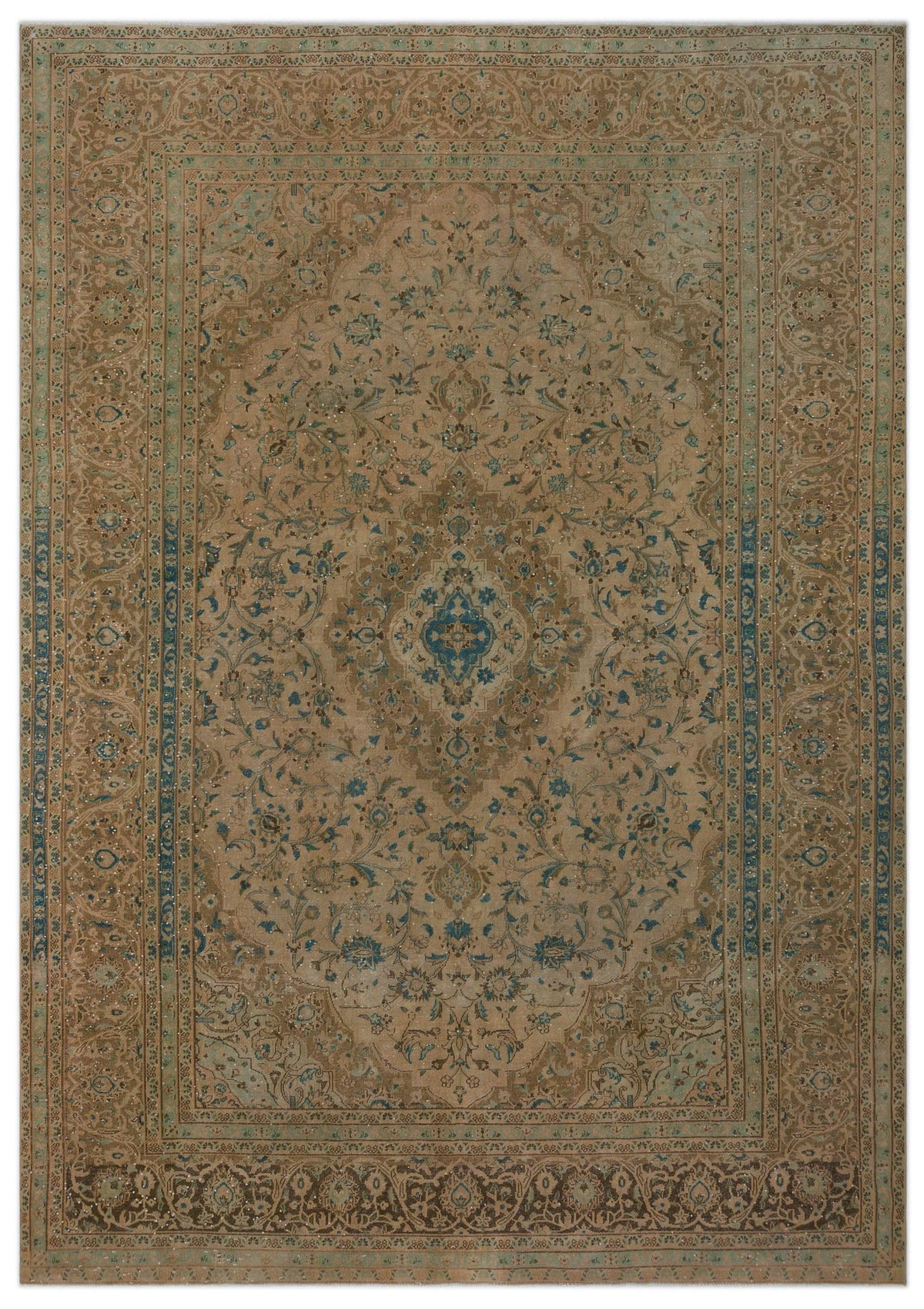 Tan and blue traditional Persian-style rug with a central floral medallion and intricate border pattern.