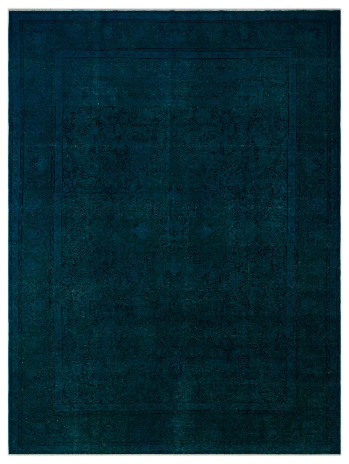 Dark teal monochromatic rug with a subtle, tone-on-tone traditional floral medallion pattern and a bordered edge.
