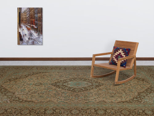 Load image 1 in gallery view. Brown and sage green traditional medallion rug in a room with a wooden rocking chair and wall art.