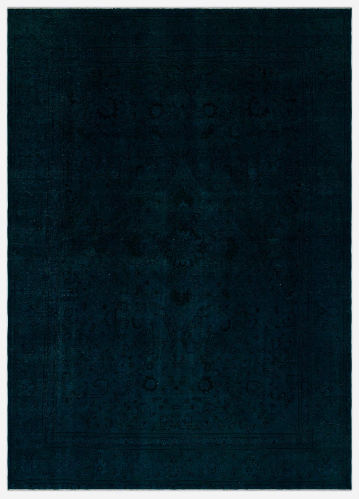 Dark navy monochromatic rug with a subtle, tone-on-tone traditional floral medallion pattern and a decorative border.