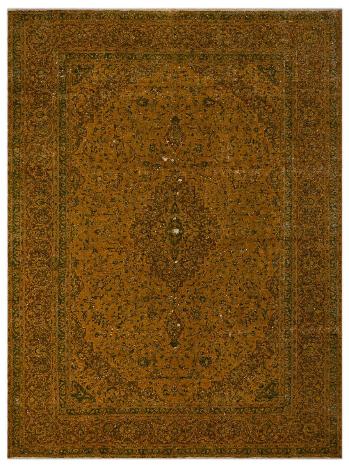 Ochre and forest green traditional Persian-style rug with a central medallion and intricate floral border.