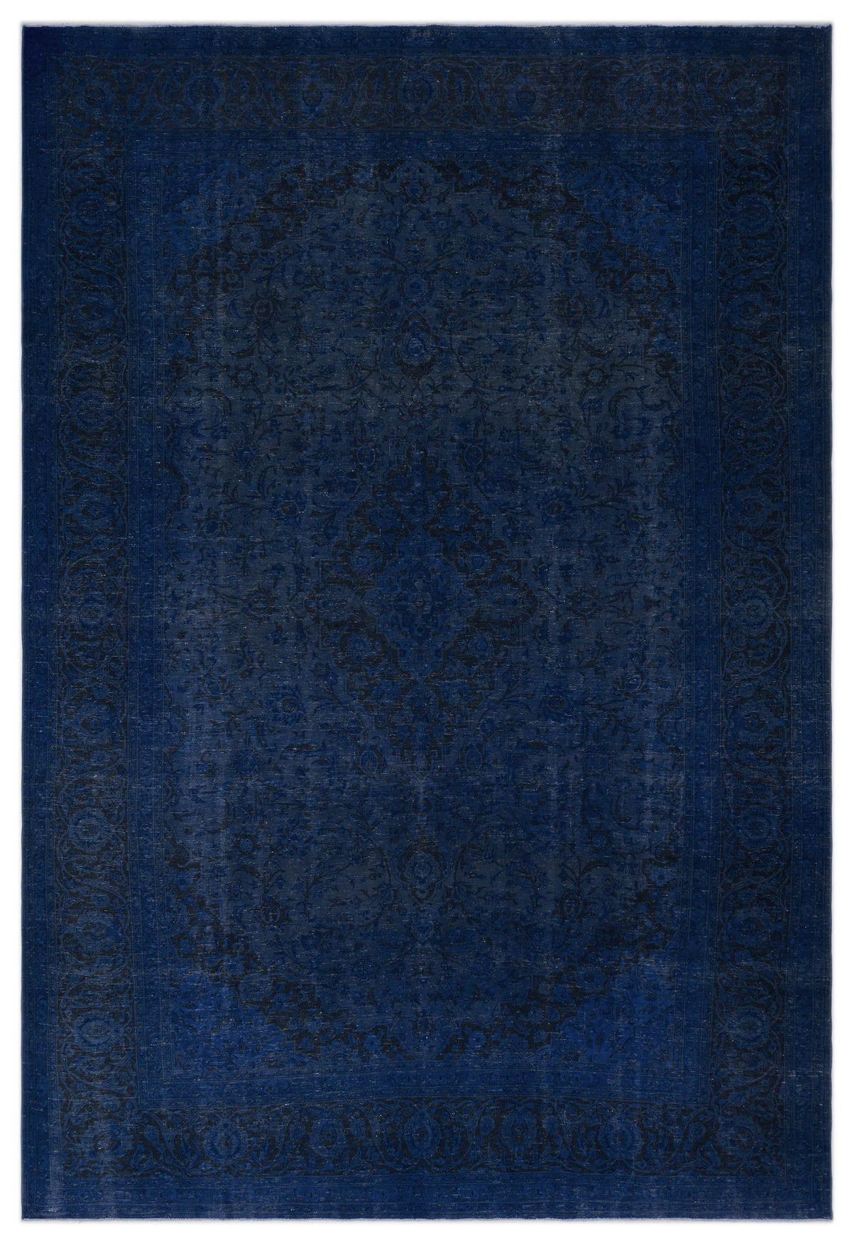 Deep blue traditional rug with a black ornate floral medallion and a decorative border.