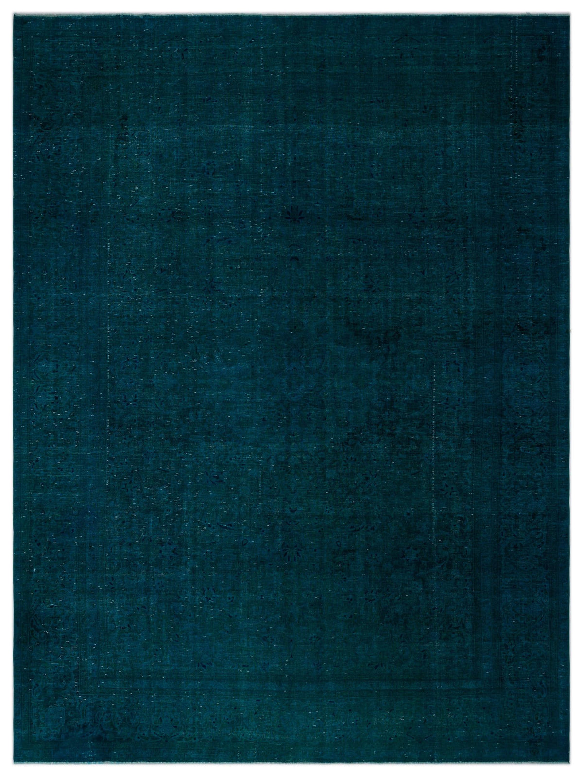 Deep teal monochromatic rug with a faint, distressed traditional medallion pattern.