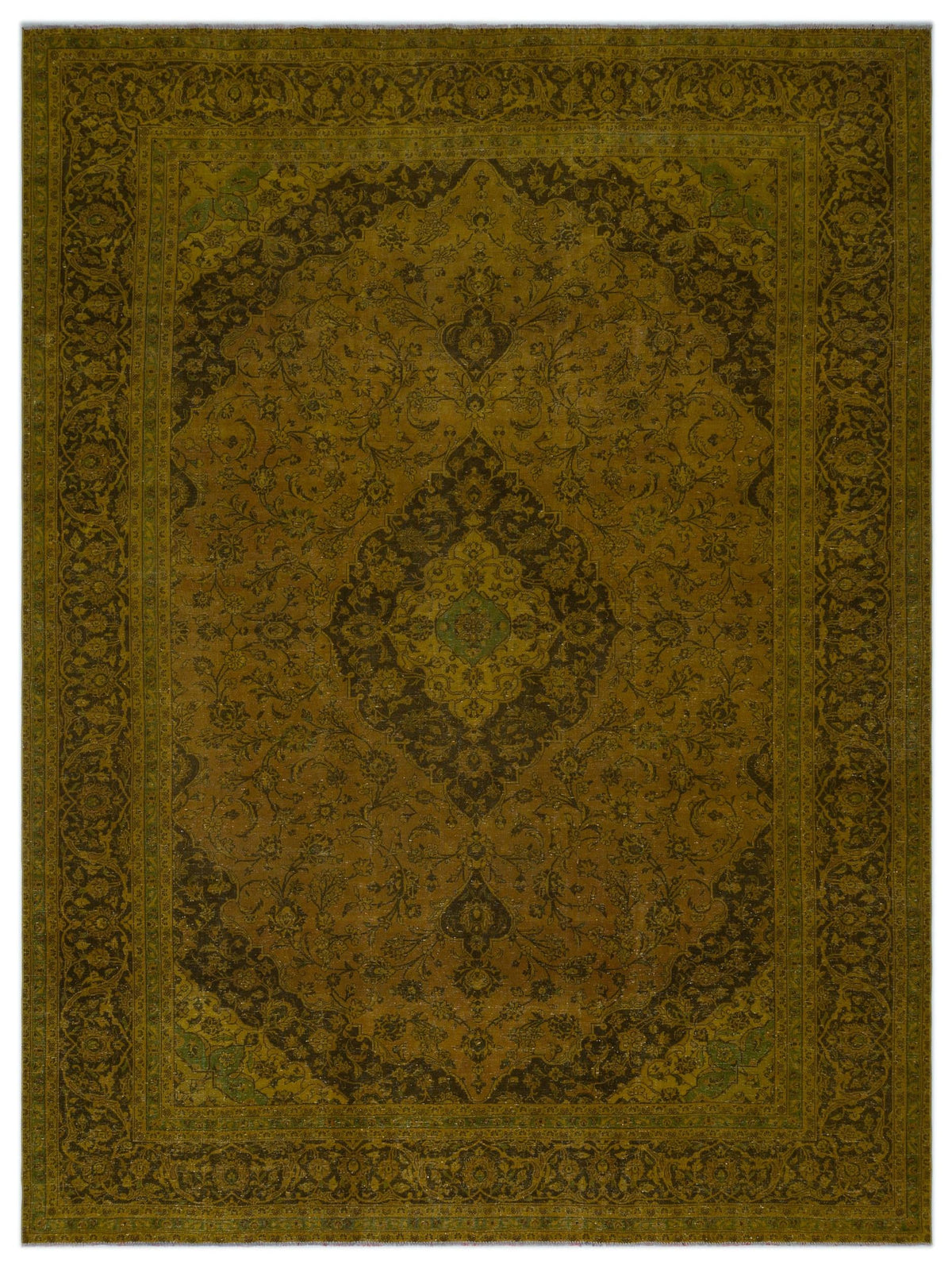 Olive green and dark brown traditional rug with a central floral medallion and intricate border pattern.