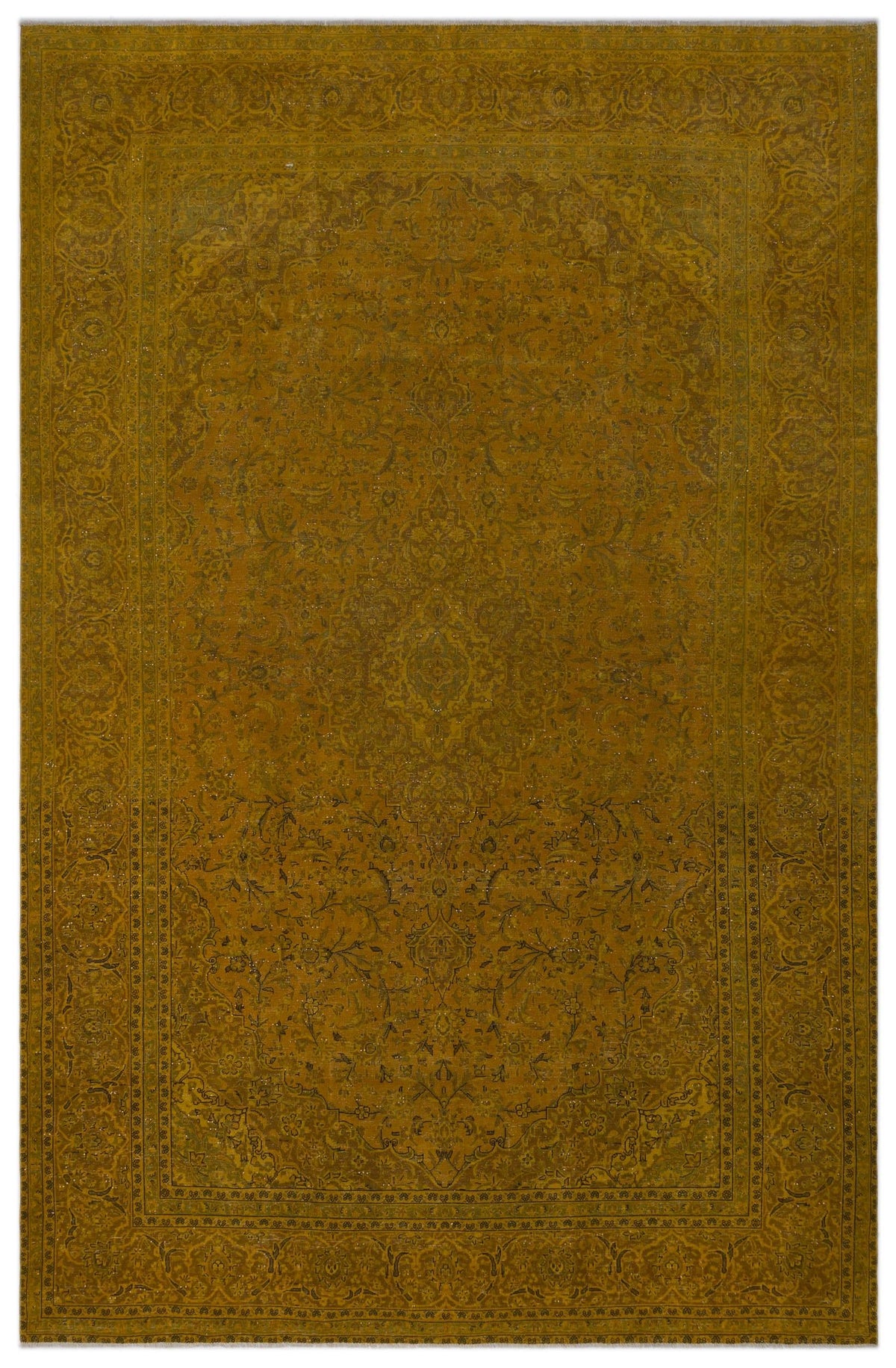 Mustard yellow traditional rug with a distressed floral medallion pattern and an ornate border.