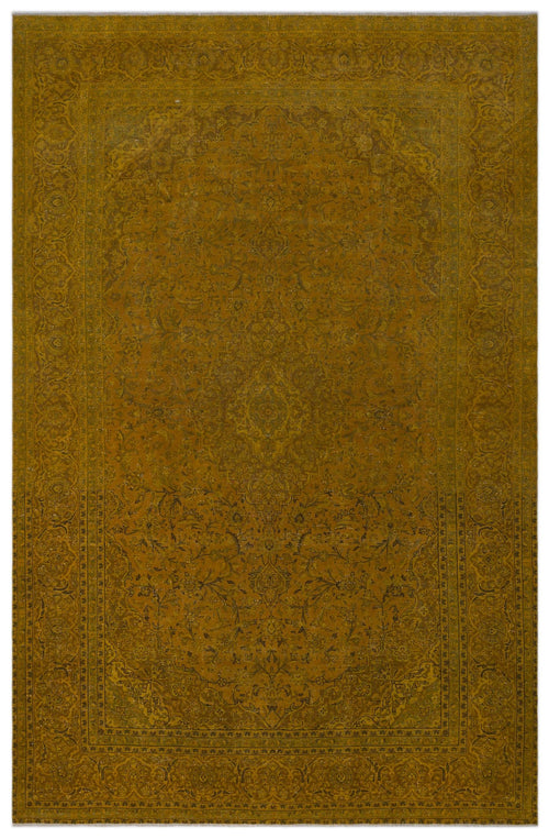 Load image 1 in gallery view. Mustard yellow traditional rug with a distressed floral medallion pattern and an ornate border.