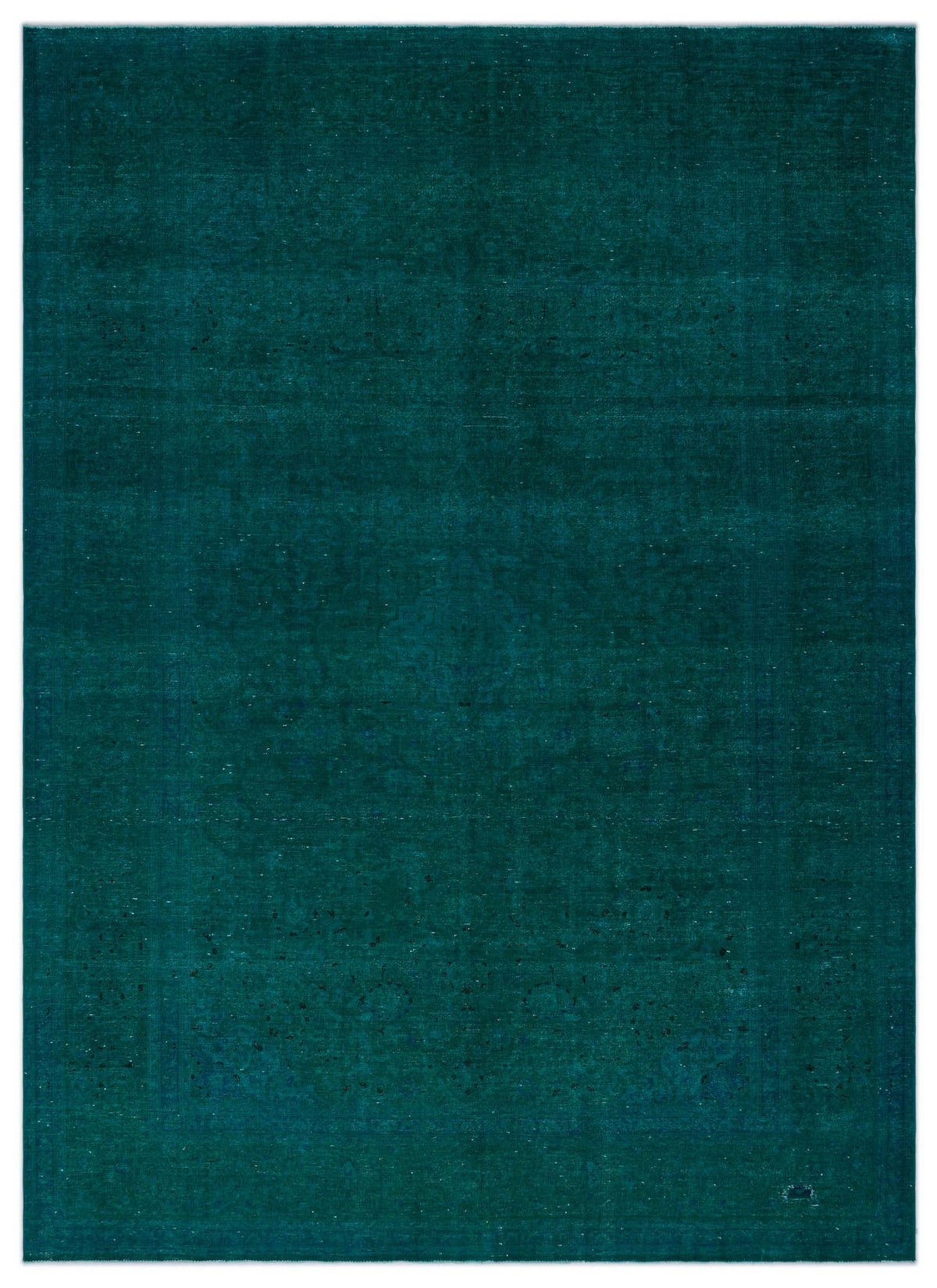 Solid deep teal rug with a subtle, distressed traditional medallion pattern.