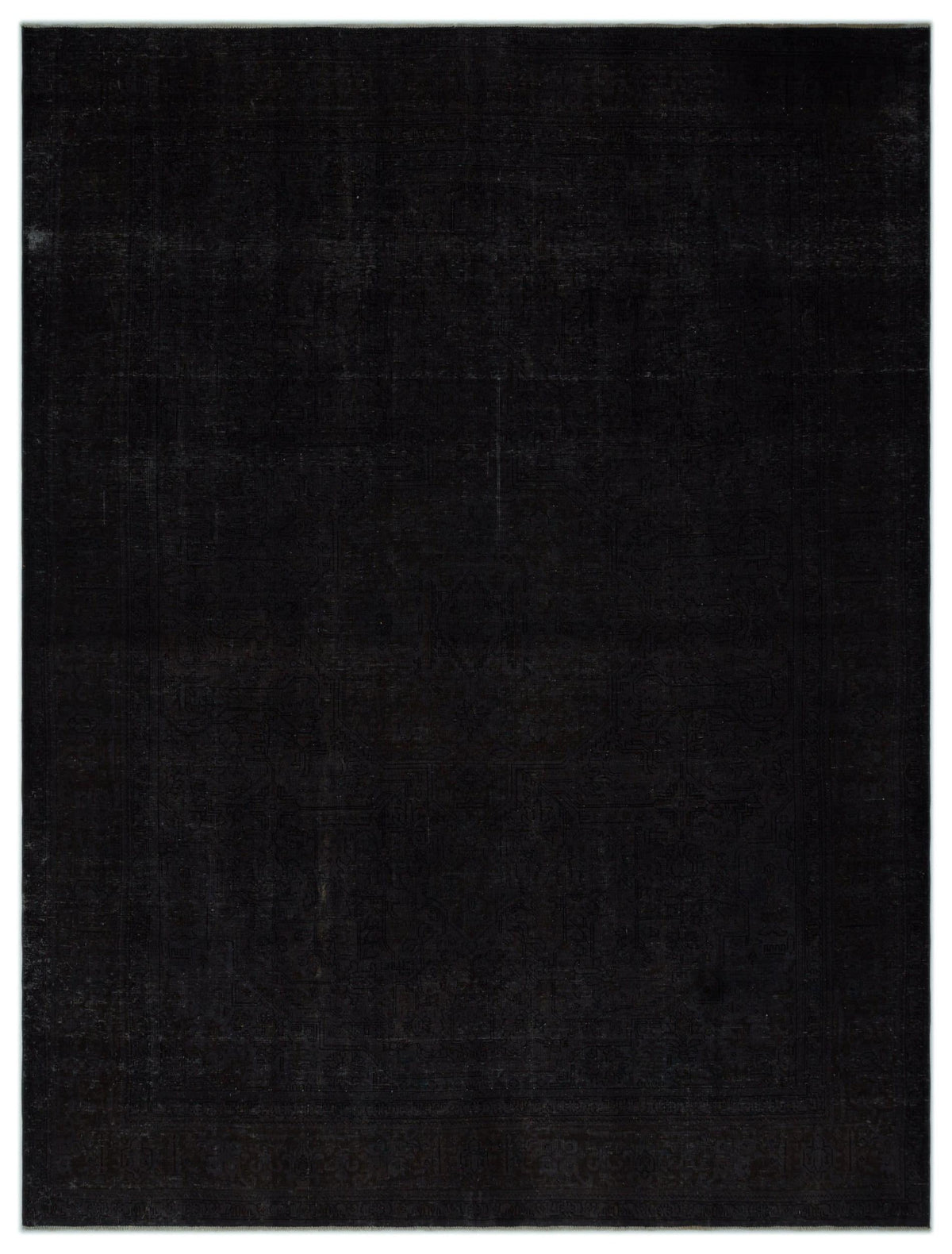 Solid black rug with a faint, tone-on-tone traditional Persian medallion pattern.