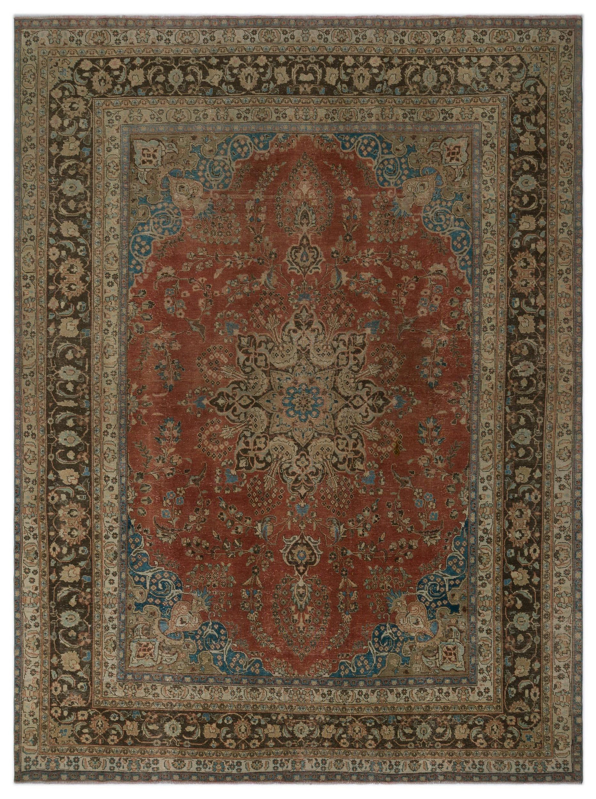 Traditional Persian-style rug with a central floral medallion, intricate vine patterns, and a dark brown border.