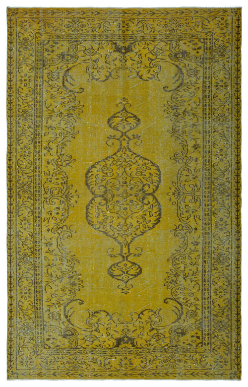 Load image 1 in gallery view. Mustard yellow vintage-style rug with a dark grey central medallion and ornate floral border.