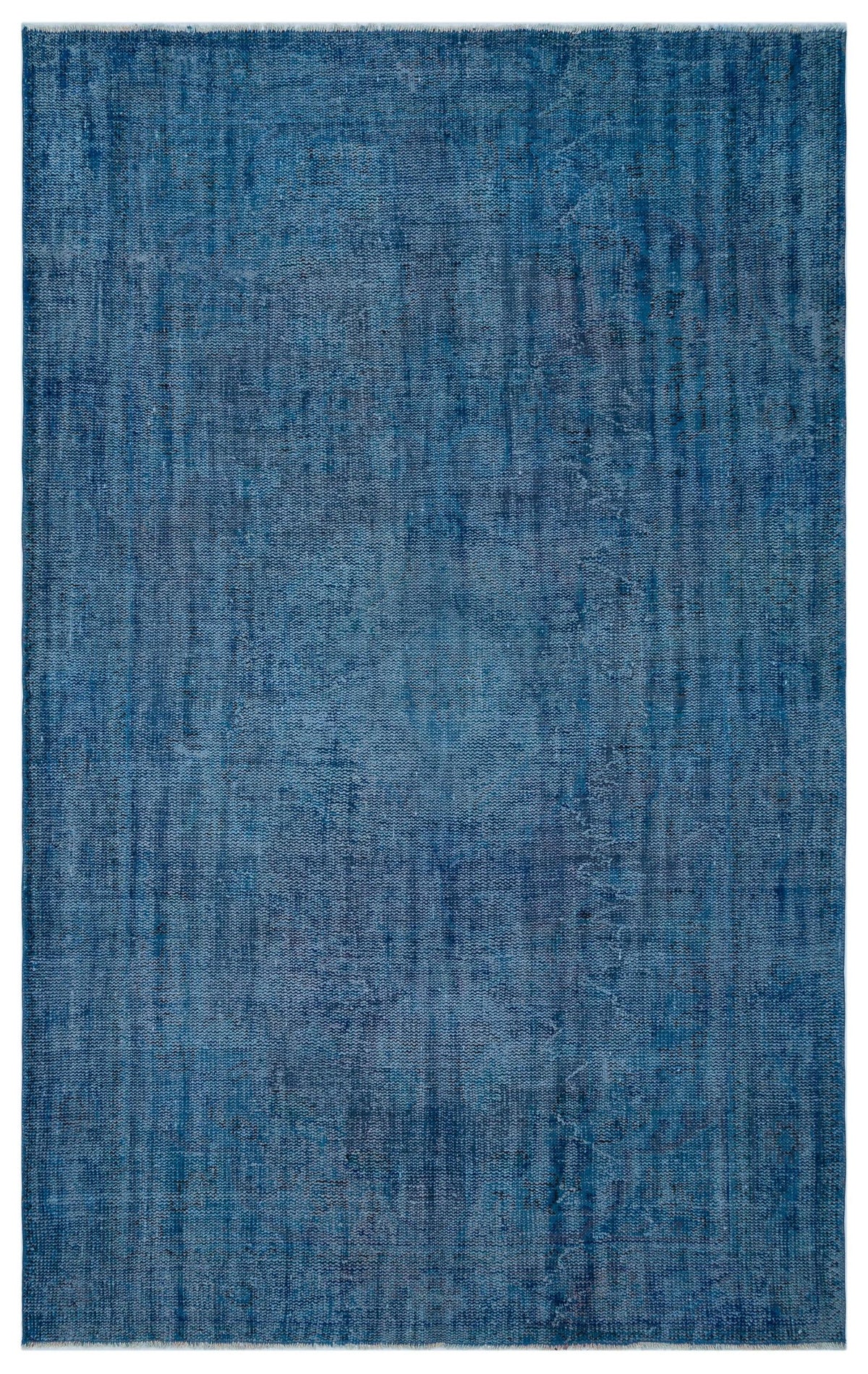 Solid blue rug with a distressed, textured finish and subtle vertical tonal variations.