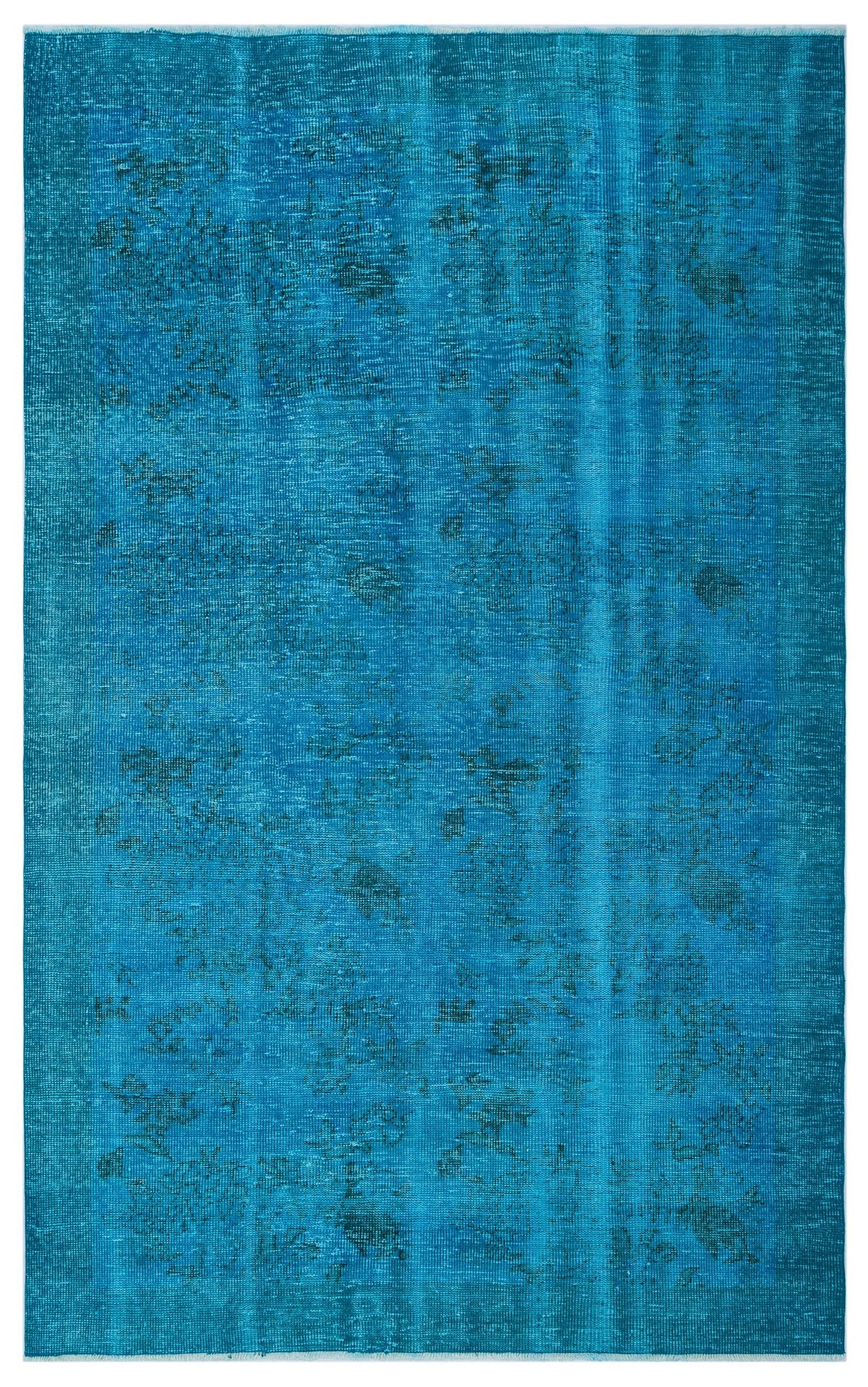 Bright turquoise distressed rug with a faint, tonal floral medallion pattern.