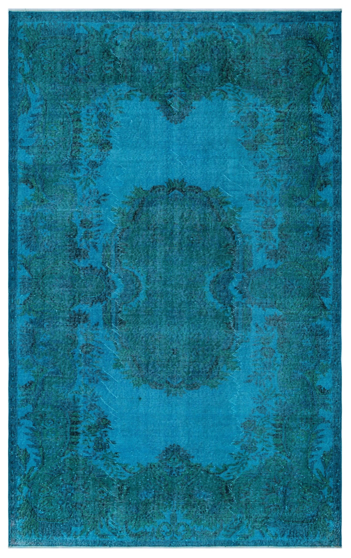 Teal and dark blue distressed rug with a traditional central medallion and floral border pattern.