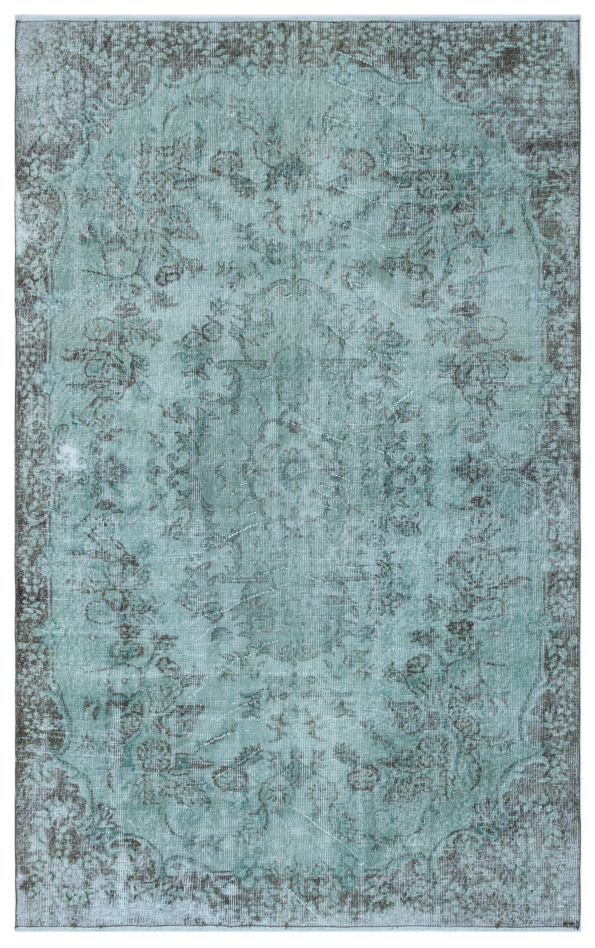 Distressed teal and grey rug with a traditional floral medallion pattern on a white background.