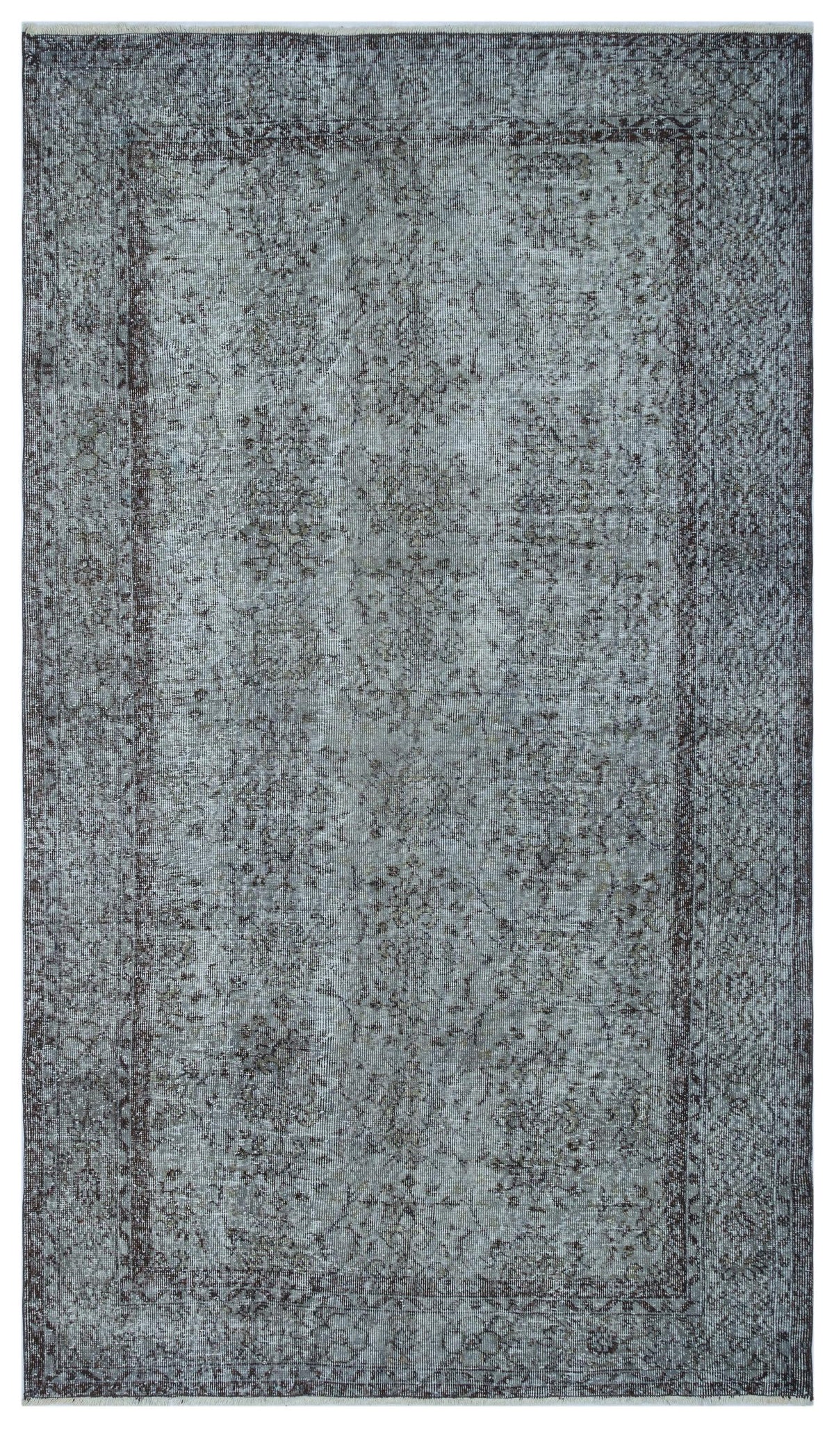 Distressed slate blue and charcoal grey rug with a faded traditional floral medallion pattern and a decorative border.