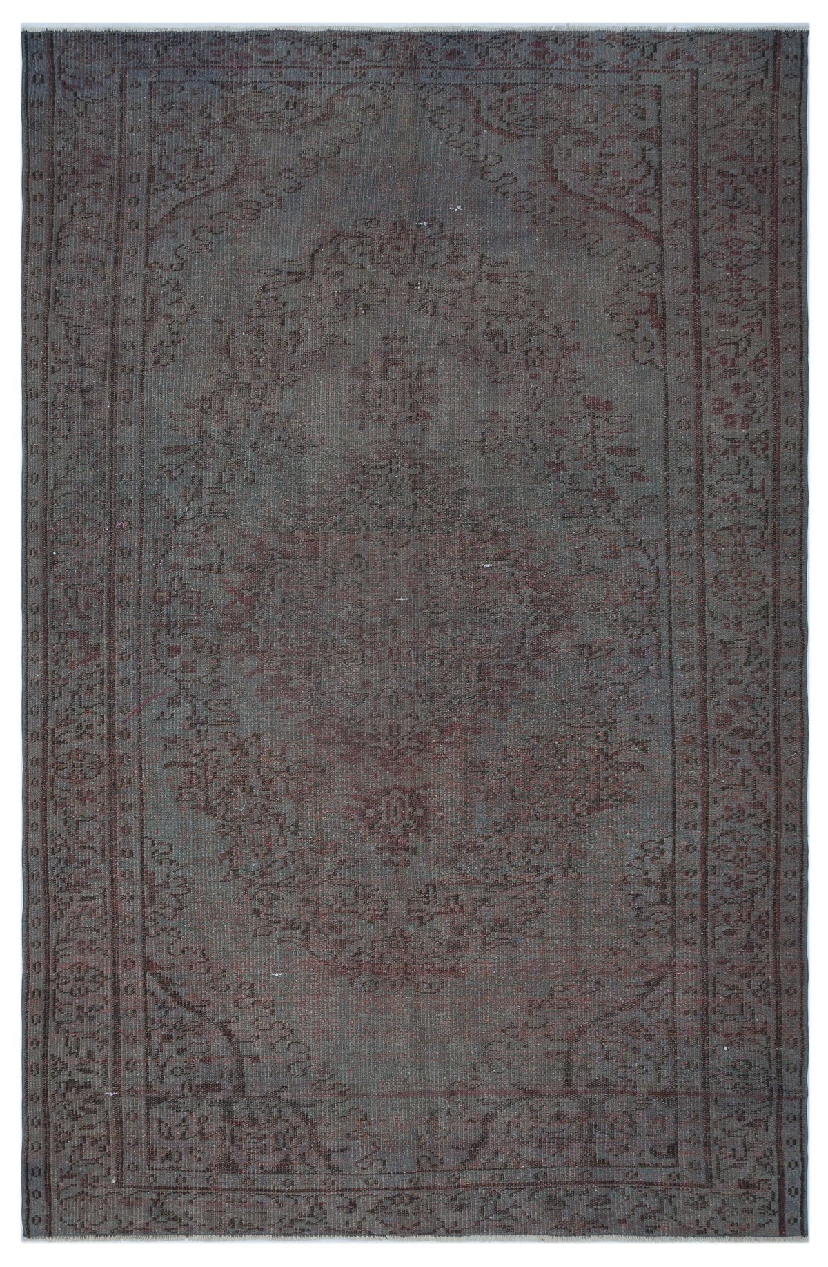 Charcoal and dark red distressed rug with a traditional central medallion and ornate border on a white background.
