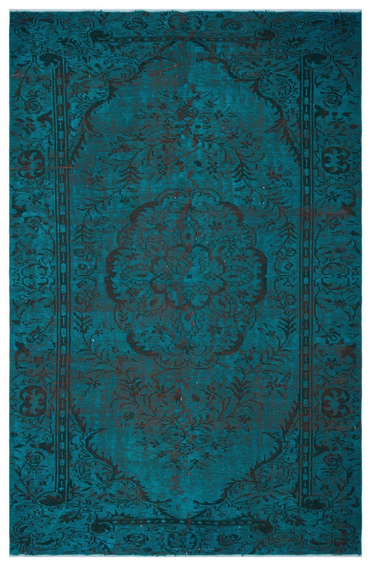 Teal and black distressed rug with a traditional central medallion and ornate floral border.