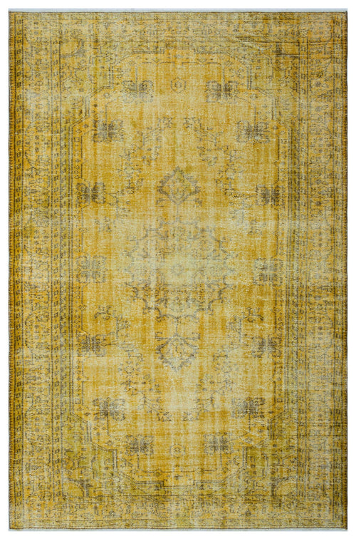 Load image 1 in gallery view. Mustard yellow and charcoal distressed rug with a traditional central medallion and ornate border pattern.