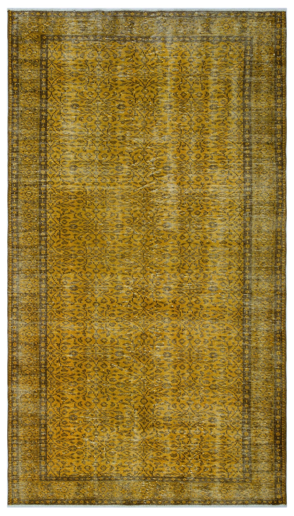 Mustard yellow distressed vintage-style rug with a dark brown floral border and intricate repeating vine pattern.