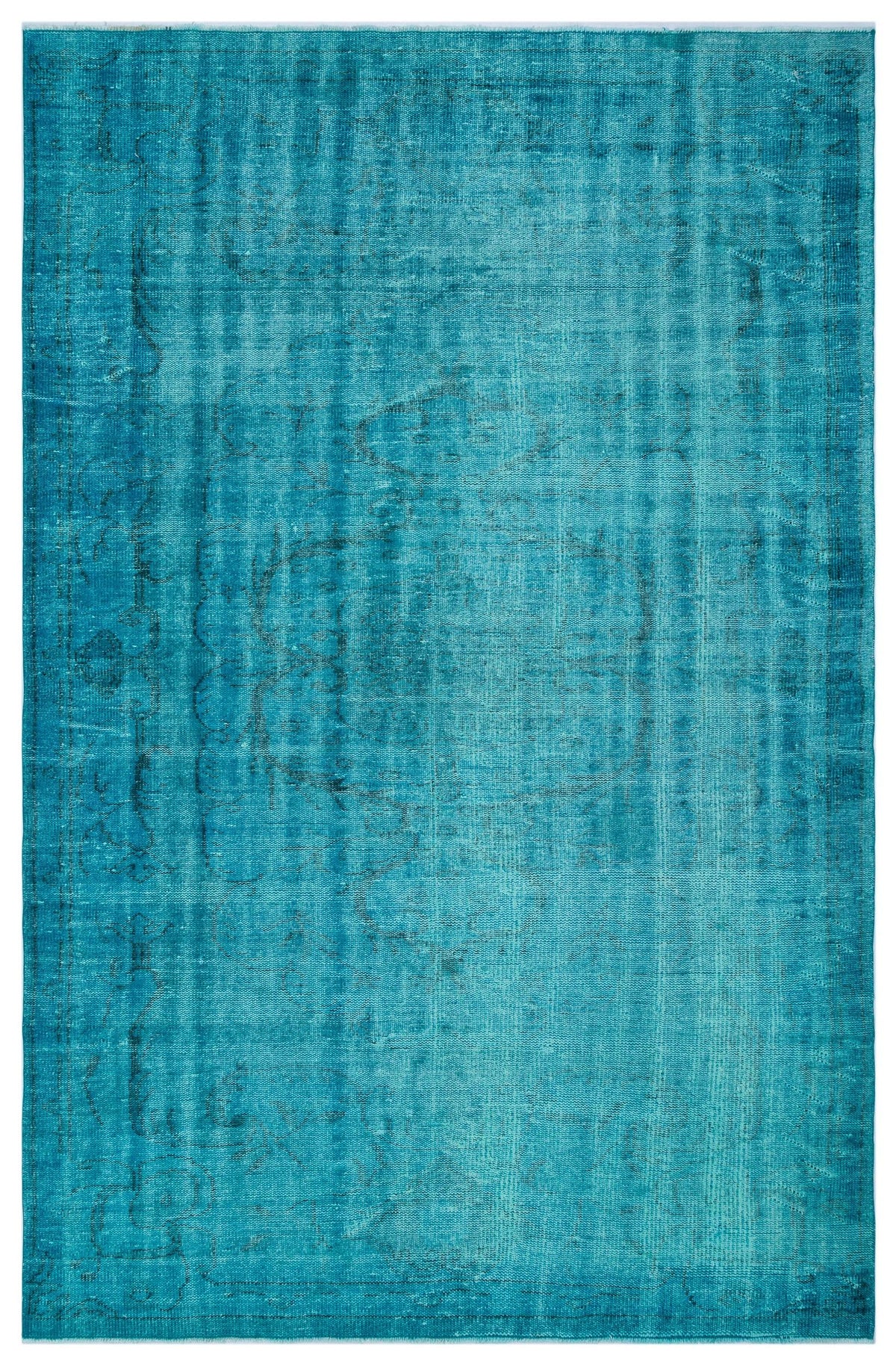Teal distressed area rug with a faint, traditional overdyed medallion pattern.