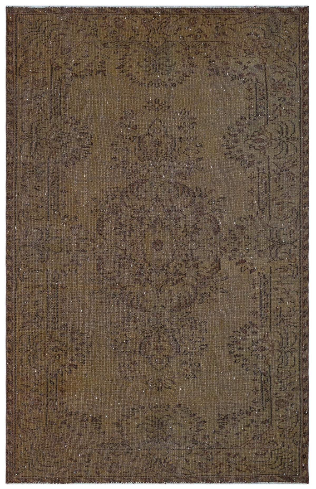 Brown vintage-style rug with a distressed floral medallion pattern and a decorative border.