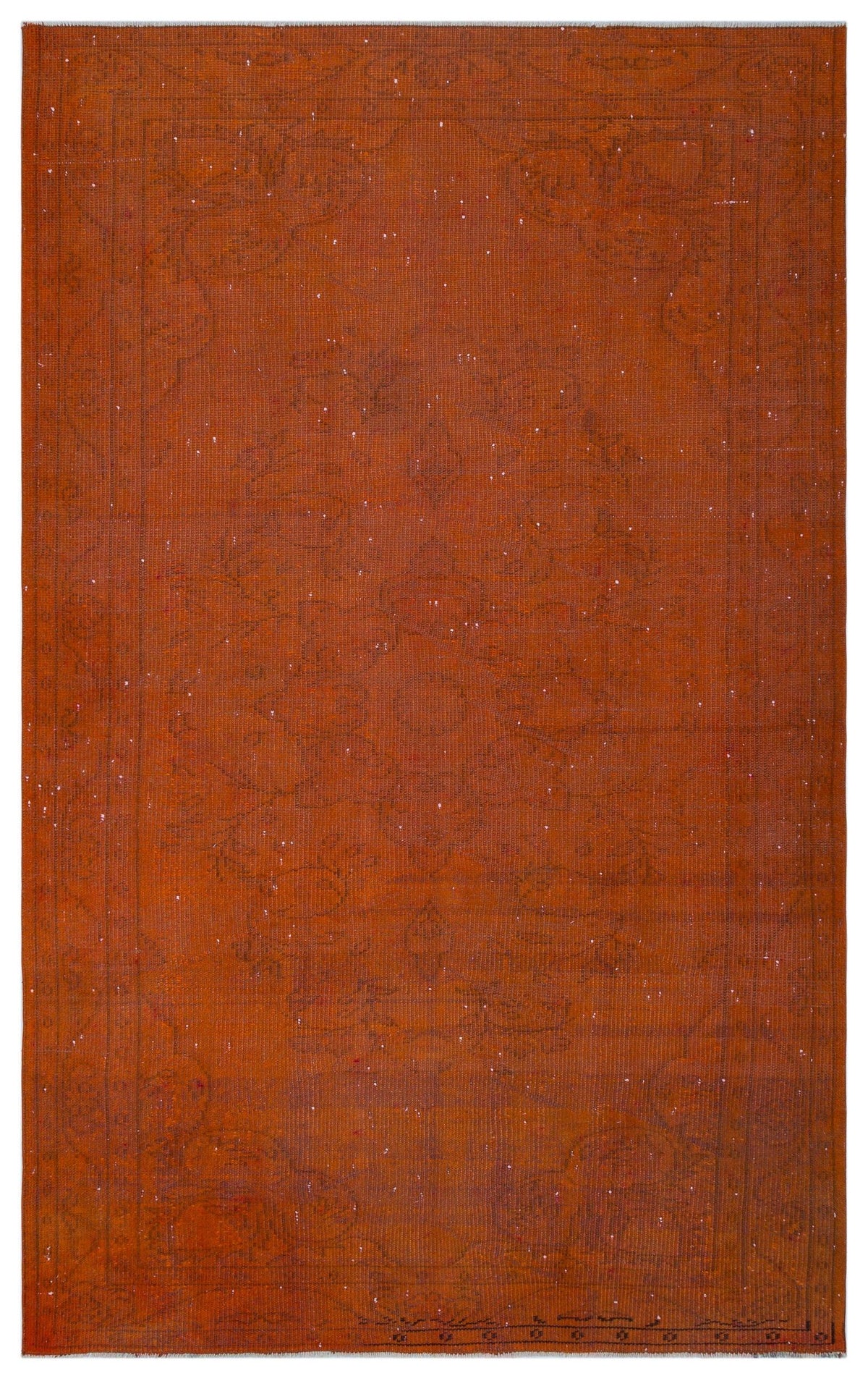 Rust-colored distressed rug with a faint, tonal traditional medallion pattern and a thin border.